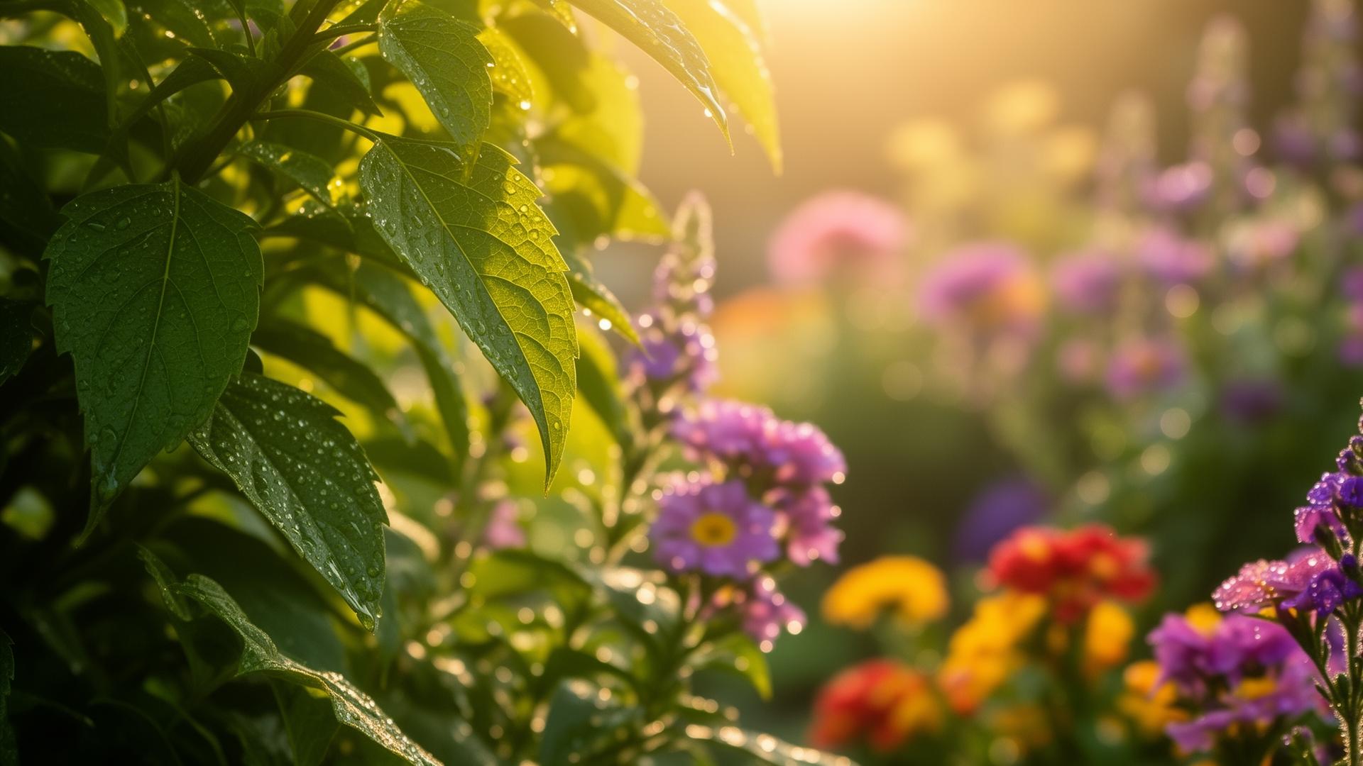 Dew-covered green leaves and colorful flowers in warm morning light